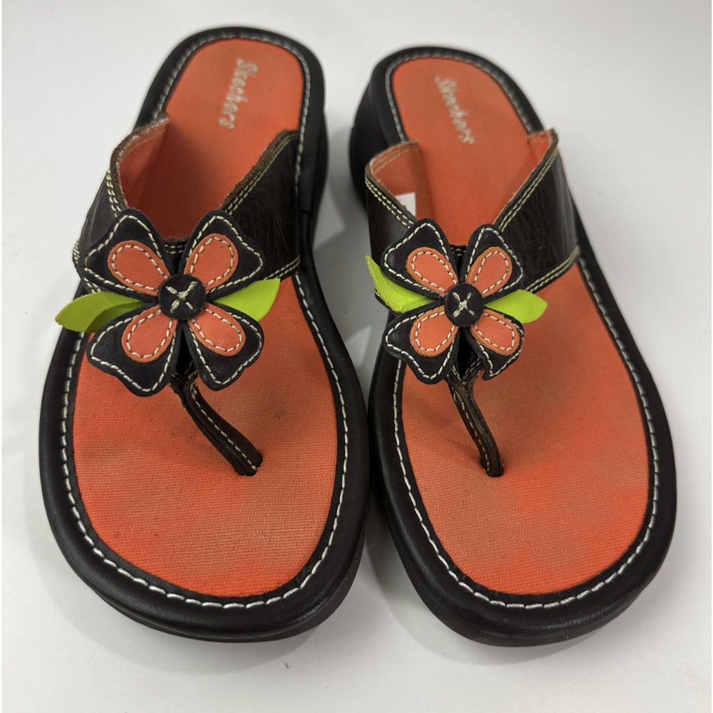 Skechers Y2K Style Flower Flip Flop Sandals Leather Size 9 Hippie Boho Festival - Picture 2 of 14